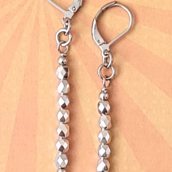 CZECH Silver Fire Polish Faceted Glass Earrings, Stainless Steel Lever Back - Picture 2 of 6